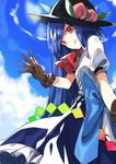  black_hat blouse blue_hair blue_skirt blue_sky brown_gloves cloud commentary_request day food fruit gloves hat highres hinanawi_tenshi kasuka_(kusuki) licking_lips long_hair looking_at_viewer outdoors peach puffy_short_sleeves puffy_sleeves red_eyes red_neckwear short_sleeves skirt sky smile solo tongue tongue_out touhou white_blouse 