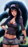  2014 ahri_(lol) animal_humanoid ball big_breasts black_fur black_hair breasts canine cleavage clothed clothing eyeshadow facial_markings female fingers fox fox_humanoid fur furry_tail hair hand_on_hip happy holding_ball hoodie humanoid league_of_legends long_hair looking_at_viewer makeup mammal markings midriff navel raichiyo33 riot_games simple_background smile soccer_ball solo video_games whisker_markings yellow_eyes 
