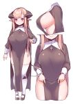  1girl bangs breasts brown_hair closed_mouth cross crucifix eyebrows_visible_through_hair habit highres horns hsuliherng large_breasts long_hair long_sleeves looking_at_viewer nun pink_eyes robe simple_background smile solo standing tail thighhighs white_background 