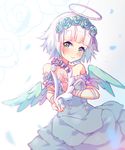  angel angel_wings arm_ribbon artist_name bangs bare_shoulders blue_dress blunt_bangs commentary dress feathered_wings flower green_eyes hair_flower hair_ornament halo harp hyanna-natsu instrument jewelry looking_at_viewer original petals ribbon short_hair smile solo white_hair wings 