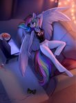  2017 anthro clothed clothing computer controller equine feathered_wings feathers female food game_controller hair heterochromia hi_res inside laptop long_hair mammal multicolored_hair my_little_pony pegasus pizza plate sofa solo tomatocoup wings 