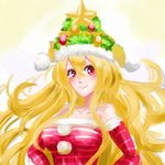  alternate_costume bare_shoulders blonde_hair breasts christmas christmas_dress christmas_tree christmas_tree_hat clownpiece collarbone commentary_request dress elbow_gloves fur_trim gloves hat long_hair looking_at_viewer medium_breasts nanai07 pom_pom_(clothes) red_dress red_eyes red_gloves smile solo star strapless strapless_dress striped striped_dress touhou upper_body 