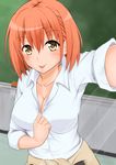  :p absurdres airi_(satosi) blush breasts chalkboard classroom cleavage cleavage_reach clothes_around_waist collarbone earrings eyebrows_visible_through_hair highres jewelry large_breasts looking_at_viewer no_bra orange_hair original reaching_out satosi school_uniform self_shot shirt_pull short_hair sleeves_folded_up solo stud_earrings tongue tongue_out upper_body yellow_eyes 