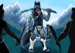  4_toes 5_fingers anthro bastion black_hair black_nose blue_eyes brown_fur brown_hair bulge canine claws clothed clothing cub fur green_eyes grey_fur hair hat hiding inner_ear_fluff long_hair looking_at_viewer male mammal melee_weapon mountain muscular outside public short_hair standing sword toes weapon wolf young 