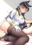  1girl animal_ears ass atago_(azur_lane) azur_lane bangs bed bed_sheet black_hair black_legwear bow breasts closed_mouth commentary eroge-_(artist) extra_ears eyebrows_visible_through_hair garter_straps gloves highres katana large_breasts military military_uniform miniskirt mole mole_under_eye ribbon sheath sheathed skirt solo swept_bangs sword thighhighs thighs two-tone_background uniform weapon white_bow white_gloves white_ribbon yellow_eyes 