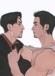  2boys aquiline_nose black_hair black_jacket black_necktie closed_mouth clothes_grab collared_shirt commentary dshr69 eyepatch facial_hair goatee grabbing_another's_shirt highres jacket kiryu_kazuma lapels majima_goro male_focus medium_sideburns multiple_boys necktie nose red_shirt ryuu_ga_gotoku_(series) shirt sideburns suit_jacket tank_top untranslatable_commentary upper_body white_shirt 