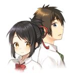  1girl back-to-back bangs black_hair blue_eyes bow bowtie brown_eyes brown_hair closed_mouth collared_shirt commentary eyebrows_visible_through_hair green_neckwear kimi_no_na_wa looking_at_viewer looking_to_the_side midorikawa_you miyamizu_mitsuha necktie parted_lips profile red_neckwear school_uniform shirt sidelocks simple_background smile tachibana_taki white_background white_shirt 