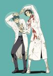  2boys belt black_belt black_hair black_pants black_shoes blood blood_on_clothes blue_background blue_shirt commentary_request dirty dirty_clothes embarrassed fate/grand_order fate_(series) grey_hair heart_arms heart_arms_duo highres hijikata_toshizou_(fate) kokujin_youhei lab_coat long_sleeves medical_scrubs multiple_boys open_mouth pants saitou_hajime_(fate) shirt shoes short_hair wavy_mouth yaoi 