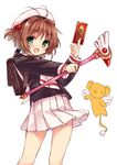  :d antenna_hair backpack bag bangs beret black_shirt blush brown_hair card cardcaptor_sakura clow_card eyebrows_visible_through_hair fuuin_no_tsue hair_bobbles hair_ornament hat holding holding_card holding_wand kero kinomoto_sakura looking_at_viewer magical_girl mokoke open_mouth pleated_skirt school_uniform shirt short_hair simple_background skirt smile tomoeda_elementary_school_uniform two_side_up wand white_background white_hat white_skirt white_wings wings 