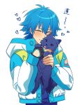  1boy animal blue_hair blue_shirt blue_trim closed_eyes closed_mouth clothing_cutout dog dramatical_murder fingerless_gloves glove_cutout gloves hashtag-only_commentary heart highres holding holding_animal holding_dog hood hood_down hooded_jacket jacket long_sleeves male_focus naporitann_ice ren_(dramatical_murder) seragaki_aoba shirt single_glove smile tongue tongue_out white_background white_jacket 