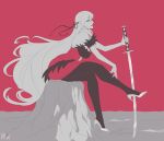  1girl absurdres artist_name commentary_request highres holding holding_sword holding_weapon katana kiss-shot_acerola-orion_heart-under-blade limited_palette long_hair monogatari_(series) oshino_shinobu pointy_ears r3dfive red_background sitting solo sword very_long_hair weapon yellow_eyes 