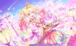  1girl :d blonde_hair blurry bokeh colorful_palette depth_of_field game_cg gradient_hair hair_between_eyes hair_ornament hand_fan heart highres holding holding_fan japanese_clothes multicolored_hair official_alternate_costume official_art petals pink_eyes pink_hair project_sekai shooting_star sidelocks smile solo sparkle star_(symbol) tenma-sanchi_no_hinamatsuri_(project_sekai) tenma_saki third-party_source tongue twintails unicorn_print wide_sleeves winged_unicorn 