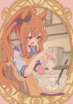  1girl animal_ears apron baking blush bow bowl bowtie brown_apron brown_ribbon commentary_request ear_bow hair_between_eyes honkawa_works horse_ears horse_girl horse_tail long_hair mayano_top_gun_(umamusume) mixing_bowl open_mouth orange_eyes orange_hair orange_tail pleated_skirt ponytail purple_sailor_collar purple_serafuku purple_shirt purple_skirt ribbon sailor_collar sailor_shirt school_uniform serafuku shirt skirt smile spatula tail tracen_school_uniform umamusume valentine white_bow white_bowtie 