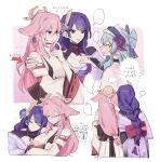  3girls braid fan_hair_ornament flower genshin_impact highres japanese_clothes kimono long_braid long_hair low-braided_long_hair low-tied_long_hair mole mole_under_eye multiple_girls nonons purple_eyes purple_flower purple_hair purple_kimono purple_nails raiden_shogun smile yae_miko yumemizuki_mizuki 