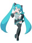  1girl aqua_eyes aqua_hair aqua_nails black_boots black_skirt boots breasts closed_mouth detached_sleeves dot_nose eyelashes full_body grey_shirt hair_ornament hairpin hand_on_own_hip hand_up hatsune_miku highres light_blush light_smile long_hair medium_breasts monster_l_(hochihochiha) pleated_skirt shirt sidelocks simple_background skirt sleeveless sleeveless_shirt solo twintails very_long_hair vocaloid white_background wide_sleeves zettai_ryouiki 