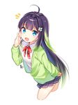  :d ahoge bad_id bad_pixiv_id bangs black_hair blue_eyes blue_skirt bow bowtie collared_shirt commentary_request cropped_legs eyebrows_visible_through_hair green_hair green_jacket hand_to_own_mouth highres jacket long_hair long_sleeves looking_at_viewer moong_gya multicolored_hair off_shoulder open_clothes open_jacket open_mouth pleated_skirt red_neckwear school_uniform shirt signature simple_background skirt smile solo streaked_hair taesia talesshop very_long_hair white_background white_shirt 