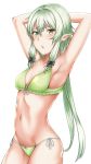  1girl armpits arms_behind_head bikini black_bow bow breasts cleavage collarbone earrings goblin_slayer! green_bikini green_hair groin hair_bow high_elf_archer_(goblin_slayer!) highres jewelry long_hair looking_at_viewer navel oribe_(nopear) pointy_ears ribbon side-tie_bikini sidelocks simple_background small_breasts solo standing swimsuit very_long_hair white_background white_ribbon 