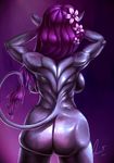  2017 anthro big_breasts big_butt bovine breasts bubble_butt butt cattle digital_media_(artwork) female flower freckles fur hair hand_in_hair hi_res lemonart long_hair mammal muscular muscular_female nude plant purple_flower purple_hair purple_tail side_boob simple_background solo standing thick_thighs voluptuous wide_hips 