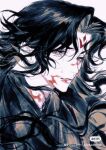  1boy black_hair black_hanfu blood blood_on_face blood_on_neck brown_eyes chinese_clothes closed_mouth commentary_request crying crying_with_eyes_open curtained_hair facial_mark floating_hair folderofalmost forehead_mark furrowed_brow half-closed_eyes hanfu highres long_hair looking_at_viewer luo_binghe male_focus parted_bangs portrait renzha_fanpai_zijiu_xitong solo tears variant_set wavy_hair white_background zuiyin 