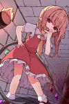  1girl ascot blonde_hair commentary_request crystal_wings flandre_scarlet frilled_skirt frills full_body hand_on_own_face hand_on_own_hip highres long_hair looking_at_viewer mary_janes no_headwear open_mouth pointy_ears red_eyes red_skirt red_vest shoes short_sleeves side_ponytail skirt skirt_set solo standing stone_floor stone_wall subhituzi495 touhou twitter_username vest wings yellow_ascot 