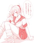  aoba_(kantai_collection) blush breasts cleavage clenched_teeth grin hair_twirling highres kantai_collection large_breasts legs looking_at_viewer messy_hair miyoshi_(triple_luck) monochrome neckerchief panties red school_uniform short_sleeves skirt smile solo teeth translated underwear 