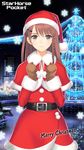  absurdres bangs belt black_belt braid brown_eyes brown_gloves brown_hair building capelet christmas_tree commentary_request copyright_name fur_trim gloves hair_ornament hairclip hat highres hiyoshi_haruka logo long_sleeves looking_at_viewer merry_christmas night night_sky official_art outdoors pom_pom_(clothes) red_capelet santa_costume santa_hat sky smile snowflakes solo starhorse_pocket tanaka_takayuki 