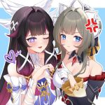  2girls absurdres anger_vein bare_shoulders black_collar black_hair black_sleeves blue_eyes blush bonnet breasts brown_hair cleavage closed_mouth club_(shape) collar columbina_(genshin_impact) crescent detached_collar detached_sleeves dress english_commentary genshin_impact gloves hair_ornament hair_ribbon head_wings headdress heart heart_hands heart_hands_duo heart_hands_failure highres lacrhyme long_hair long_sleeves looking_at_viewer multicolored_hair multiple_girls multiple_wings one_eye_closed open_mouth pout purple_hair purple_streaks ribbon sandrone_(genshin_impact) short_hair_with_long_locks smile streaked_hair two-tone_hair very_long_hair white_dress white_gloves white_headdress white_wings wing_hair_ornament wings wrist_bow 