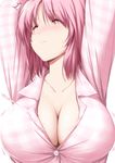  1girl arms_up bangs blush breasts bursting_breasts buttons cleavage closed_eyes closed_mouth collarbone collared_shirt commentary eyebrows_visible_through_hair frown highres large_breasts no_bra nori_tamago nose_blush pajamas pink_hair pink_pajamas popped_button saigyouji_yuyuko shirt short_hair simple_background solo speed_lines sweat touhou upper_body white_background 