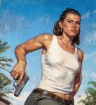  1girl brown_hair grand_theft_auto grand_theft_auto_vi gun handgun highres holding holding_gun holding_weapon houseofdyln lucia_caminos makeup ponytail shirt short_sleeves solo toned toned_female weapon white_shirt 