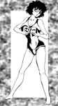  black_clover black_hair breast_hold breasts daybreak glasses large_breasts legs_apart monochrome name_tag one_piece_swimsuit parted_lips sally_(black_clover) school_swimsuit short_hair swimsuit 