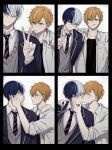  2boys :d aoyagi_touya bespectacled black_border blonde_streaks blue_hair blue_jacket border collared_shirt commentary_request diagonal-striped_clothes diagonal-striped_necktie ear_piercing earrings glasses green_streaks grey_eyes hand_on_another's_face highres holding holding_removed_eyewear jacket jangwa_o jewelry kiss kissing_cheek korean_commentary lapels layered_sleeves long_sleeves looking_at_another looking_to_the_side male_focus multicolored_hair multiple_boys necktie notched_lapels official_alternate_hair_color official_alternate_hairstyle open_clothes open_collar open_jacket orange_hair parted_bangs piercing project_sekai school_uniform shinonome_akito shirt smile split-color_hair stray_bad_dog_(project_sekai) streaked_hair striped_clothes unworn_eyewear v white_jacket white_shirt yaoi 