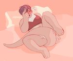  2017 3_toes 4_fingers anthro barely_visible_genitalia bed beige_pussy big_breasts biped blush bottomless bra breasts brown_body brown_hair brown_tail clothed clothing convenient_censorship covering covering_crotch covering_self daisy_(pigburger) digital_drawing_(artwork) digital_media_(artwork) embarrassed eyes_closed female flustered flying_sweatdrops frown hair high-angle_view holding_head long_tail lying mammal mature_female mustelid on_back on_bed otter pigburger pink_theme pussy shadow short_hair shy slightly_chubby solo spread_legs spreading subtle_pussy sweat sweatdrop tail_censorship thick_tail toes underwear whiskers 