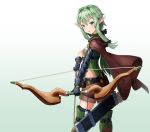  1girl :o arrow black_gloves black_legwear bow_(weapon) brown_cape brown_shorts cape chisi cowboy_shot eyebrows_visible_through_hair garter_straps gloves goblin_slayer! gradient gradient_background green_eyes green_hair hair_between_eyes high_elf_archer_(goblin_slayer!) highres holding holding_arrow holding_bow_(weapon) holding_weapon long_hair looking_at_viewer midriff open_mouth pointy_ears shiny shiny_hair short_shorts shorts solo standing thighhighs weapon white_background 