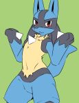 2021 3_fingers ambiguous_anthro ambiguous_gender anthro biped black_blush black_body black_fur black_inner_ear black_markings blue_body blue_fur blue_tail blush blush_lines canid canine chest_spike closed_smile digital_drawing_(artwork) digital_media_(artwork) facial_markings featureless_crotch fingers fur generation_4_pokemon gesture glistening glistening_eyes gloves_(marking) green_background hand_spike head_markings hi_res looking_at_viewer lucario mammal markings mouth_closed multicolored_body multicolored_fur navel neck_tuft nintendo nude nude_ambiguous nude_anthro pointy_ears pokemon pokemon_(species) prick_ears pu_sukebe red_eyes shrug simple_background smile smiling_at_viewer solo spikes spikes_(anatomy) tail tuft yellow_body yellow_fur