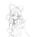  1girl ascot bow closed_mouth commentary detached_sleeves frilled_bow frilled_hair_tubes frills greyscale hair_bow hair_tubes hakurei_reimu long_hair looking_at_viewer midriff monochrome navel omisoshirutan ribbon-trimmed_sleeves ribbon_trim sketch solo touhou 