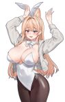  1girl animal_ear_fluff animal_ears aningay black_eyes black_pantyhose blonde_hair blush bow bowtie breasts cat_ears cat_girl cleavage collar commentary_request eyebrows_hidden_by_hair fake_animal_ears groin heterochromia highres jacket korean_commentary large_breasts leotard long_hair looking_ahead open_mouth original pantyhose playboy_bunny rabbit_ears rabbit_pose red_eyes shiny_skin smile solo teeth white_bow white_bowtie white_collar white_jacket white_leotard 