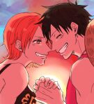  1boy 1girl bare_shoulders black_hair black_tank_top breasts cloud cloudy_sky commentary_request face-to-face facing_another forehead-to-forehead from_side grin hat heads_together highres holding_hands large_breasts looking_at_another mike_(tomatomato244) monkey_d._luffy nami_(one_piece) one_piece orange_eyes orange_hair outdoors profile red_vest scar scar_on_cheek scar_on_face short_hair sky smile straw_hat sunset tank_top teeth unworn_hat unworn_headwear upper_body vest 