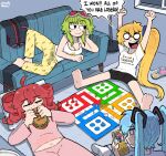  4girls ahoge akita_neru aqua_hair arms_up artist_name barefoot black_shorts blonde_hair blue_scrunchie board_game breasts carpet carrot_print cellphone cellphone_photo cleavage closed_eyes clothes_writing commentary couch dice drill_hair eating english_commentary flip_phone food food_print goggles goggles_on_head green_hair gumi hatsune_miku highres holding holding_food holding_phone indoors kasane_teto kasane_teto_(utau) long_hair looking_at_another looking_at_phone ludo_(board_game) midriff mitsuko_tan multiple_girls navel nerunerunerune on_couch on_floor open_mouth pants phone pink_pants pink_shirt print_pants red_hair scrunchie shirt shorts side_ponytail socks soles speech_bubble tank_top triple_baka_(vocaloid) twin_drills twintails unworn_clothes unworn_shirt utau vocaloid white_shirt white_socks white_tank_top 