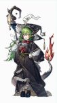  1girl absurdres black_capelet black_dress black_gloves black_hat black_horns black_shoes blue_eyes bow bowtie capelet commentary dragon_horns dragon_tail dress english_commentary fire flame-tipped_tail frilled_dress frills full_body gloves green_eyes green_hair hair_between_eyes hand_on_own_hip hat heart highres holding holding_staff horns lantern loafers lonelysound long_hair long_sleeves looking_at_viewer multicolored_eyes necktie open_mouth original pointy_ears red_bow red_necktie shirt shoes sidelocks simple_background slit_pupils smile solo staff standing tail two-tone_eyes very_long_hair white_background white_shirt witch_hat yellow_eyes 