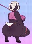 anthro belly big_breasts big_butt black_body black_eyelids bovid breasts brown_eyes butt caprine clothing collar colored crop_top crouching digital_drawing_(artwork) digital_media_(artwork) eyewear female glasses hair hi_res hooves huge_butt leash leash_pull leashed_collar looking_back mammal overweight pink_clothing pink_crop_top pink_shirt pink_thong pink_topwear pink_underwear rear_view round_glasses sheep shirt short_hair simple_background smile solo szaris tail thick_thighs thong topwear underwear wearing_glasses white_hair white_tail