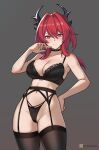  1girl absurdres arknights arknights:_endfield artist_name black_bra black_garter_belt black_panties black_thighhighs bra breasts cleavage closed_mouth garter_belt hair_between_eyes hand_on_own_hip highres hioyami horns laevatain_(arknights) large_breasts light_blush lingerie long_hair looking_at_viewer navel panties purple_eyes red_hair solo surtr_(arknights) thighhighs underwear 