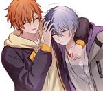  2boys aoyagi_touya arm_around_shoulder blue_hair blush closed_eyes closed_mouth crew_neck double-parted_bangs drawstring grey_jacket hair_between_eyes hood hoodie jacket jangwa_o long_sleeves looking_to_the_side male_focus multicolored_hair multiple_boys one_eye_closed open_clothes open_jacket open_mouth orange_hair project_sekai shinonome_akito shirt sideways_glance simple_background split-color_hair upper_body white_background white_shirt yellow_hoodie 