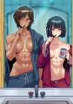  abs bathroom black_hair blurry blurry_background blush bob_cut breasts brown_eyes brown_hair brushing_teeth collarbone convenient_censoring cup dark-skinned_female dark_skin female_pubic_hair heart highres holding holding_cup holding_toothbrush limbus_company long_sleeves medium_breasts messy_hair mirror mug multiple_girls muscular muscular_female navel open_clothes open_shirt outis_(project_moon) pajamas project_moon pubic_hair red_eyes reflection reflection_focus ryoshu_(project_moon) scar scar_on_chest scar_on_hand scar_on_shoulder scar_on_stomach short_hair small_breasts toned toned_female toothbrush toothbrush_in_mouth tresmarrow yellow_eyes 