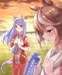  2girls absurdres animal_ears blue_eyes blush bottle bow breath brown_hair cloud commentary_request ear_bow ear_ribbon hair_between_eyes highres holding holding_bottle horse_ears horse_girl horse_tail jacket long_hair long_sleeves mejiro_mcqueen_(umamusume) multicolored_hair multiple_girls orange_sky outdoors pants parted_lips pocari_sweat purple_eyes purple_hair red_jacket red_pants red_track_suit sazanka sky streaked_hair sweat tail tokai_teio_(umamusume) towel towel_around_neck tracen_training_uniform track_jacket track_pants track_suit two-tone_hair umamusume white_hair 