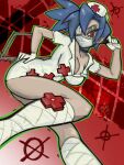  1girl black_choker blue_hair boots breasts choker cleavage cross english_commentary green_outline hacksaw hat highres holding_saw large_breasts looking_at_viewer mask mouth_mask nurse nurse_cap outline plushvampy ponytail red_background red_cross red_eyes saw shirt short_sleeves skullgirls solo surgical_mask valentine_(skullgirls) white_boots white_shirt 