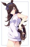 1girl animal_ears blue_hairband blush breasts brown_hair closed_mouth commentary_request flipped_hair hair_over_one_eye hairband highres hood hood_down hoodie horse_ears horse_girl horse_tail long_hair looking_at_viewer motsutoko purple_eyes rice_shower_(umamusume) simple_background sleeveless sleeveless_hoodie small_breasts smile solo tail umamusume white_hoodie 