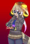  1girl absurdres animal_hood blonde_hair bodystocking breast_pocket brown_jacket closed_mouth collared_jacket commentary_request cowboy_shot dark-skinned_female dark_skin detached_hood food glowing_clothes gradient_background hair_between_eyes highres holding holding_food holding_pizza holding_scissors hondadadadatsu hood hood_up jacket kemono_friends kemono_friends_3 king_cobra_(kemono_friends) legs_apart long_hair long_sleeves microskirt multicolored_hair necktie pink_hair pizza pizza_slice pocket print_hood red_background scissors shirt skirt snake_hood snake_print snake_tail solo sunglasses tail two-tone_hair two-tone_necktie very_long_hair yellow_shirt 