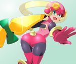  1girl artist_request ass bent_over blue_background blush bodysuit capcom from_behind gloves green_eyes helmet looking_at_viewer looking_back one_leg_raised open_mouth outstretched_arm pink_gloves rockman rockman_exe roll_exe simple_background solo solo_focus 