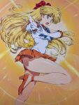  1girl aino_minako ass bishoujo_senshi_sailor_moon blonde_hair blue_bow blue_bowtie blue_eyes bow bowtie choker commentary_request elbow_gloves gloves hair_bow highres jewelry long_hair looking_at_viewer open_mouth orange_choker orange_sailor_collar orange_skirt pleated_skirt pointing pointing_at_viewer red_bow sailor_collar sailor_senshi_uniform sailor_venus skirt smash_k-tarou solo thighs white_gloves yellow_bow 