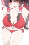  1girl absurdres alternate_costume arms_behind_back bikini blush bow breasts brown_hair cleavage collarbone commentary_request fang frilled_bow frilled_hair_tubes frills hair_bow hair_tubes hakurei_reimu highres kiui_(dagk8254) large_breasts long_hair navel open_mouth paid_reward_available red_bikini red_bow red_eyes side-tie_bikini_bottom simple_background skin_fang smile solo sweat swimsuit touhou wet white_background 